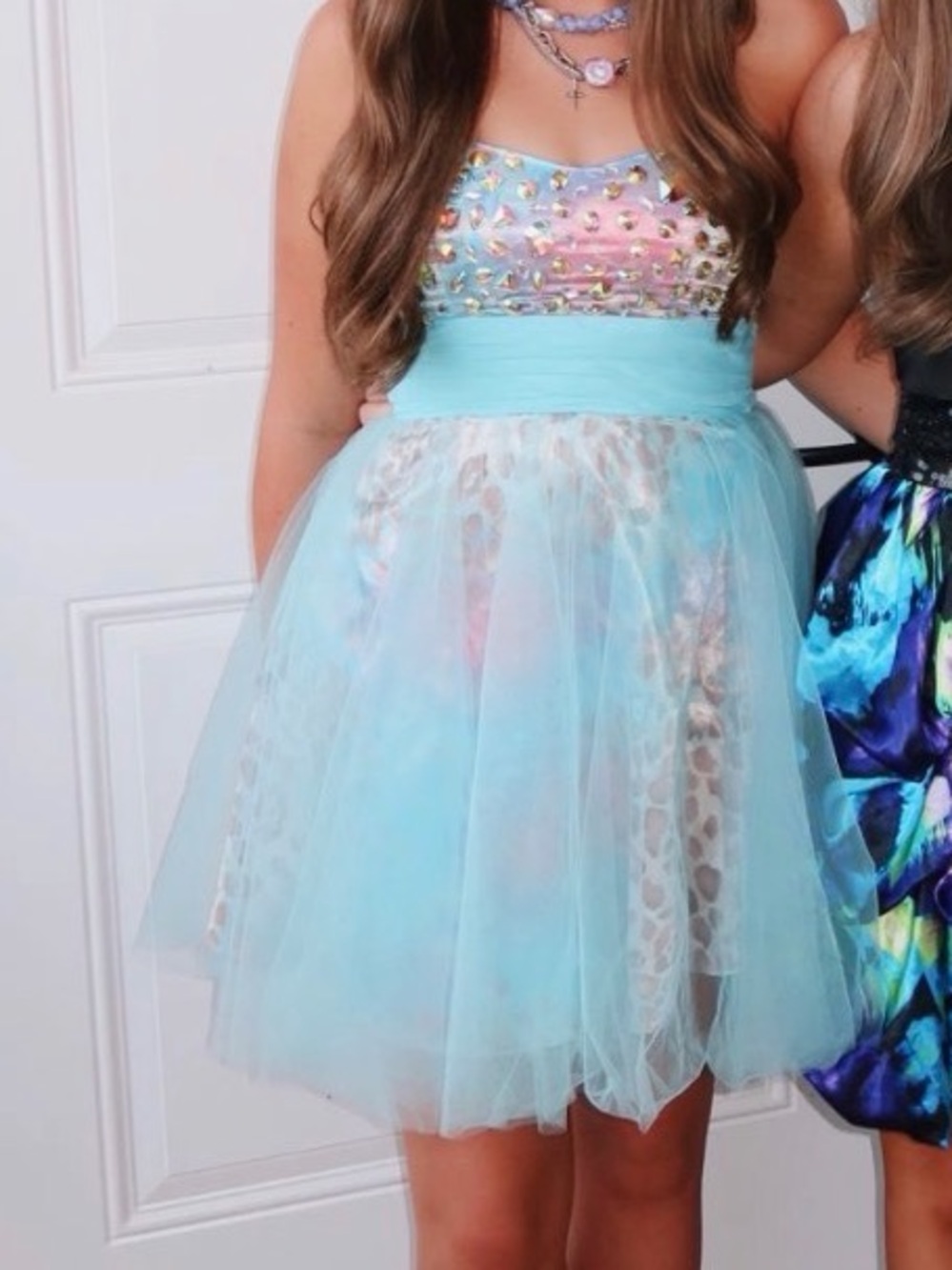 Strapless Iridescent Gemstone Tulle Party Dress - Pastel Blue